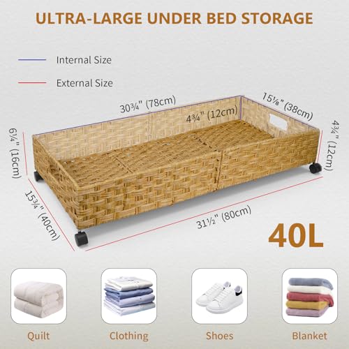 Gvztxoe 2-Pack Large Under Bed Storage Containers with Wheels, Handwoven Rattan Bins for Clothes & Bedding