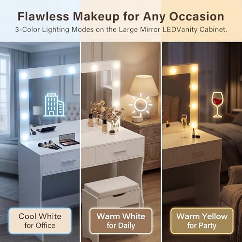 Pure White Vanity Desk with Lighted Mirror, 11 LED Lights, 2 Drawers & Stool