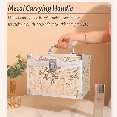 Vintage Stamp Makeup Train Case with Mirror - Lockable Portable Cosmetic Organizer