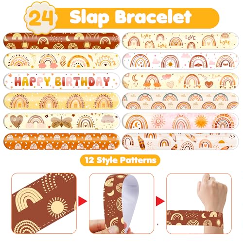 48PCS Boho Rainbow Party Set - 24PCS Temporary Tattoos & 24PCS Slap Bracelets - Fun Birthday Supplies, Baby Shower Gifts, Classroom Rewards & Boho-Themed Decor for Kids (Boys & Girls)
