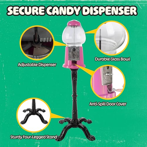 Pink Gumball Machine with Stand & Coin Bank - Vintage 15-Inch Dispenser