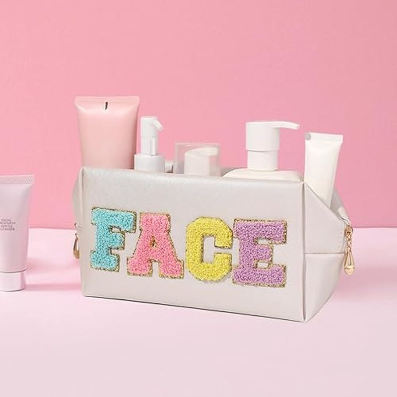 2 Preppy Patch Makeup Bag Chenille Letters Cosmetic Bag Personalized Initial Cute Face Skin Pu Leather Portable Waterproof Toiletry Bag with Keychain Travel Make up Bag for Women Teen Girls