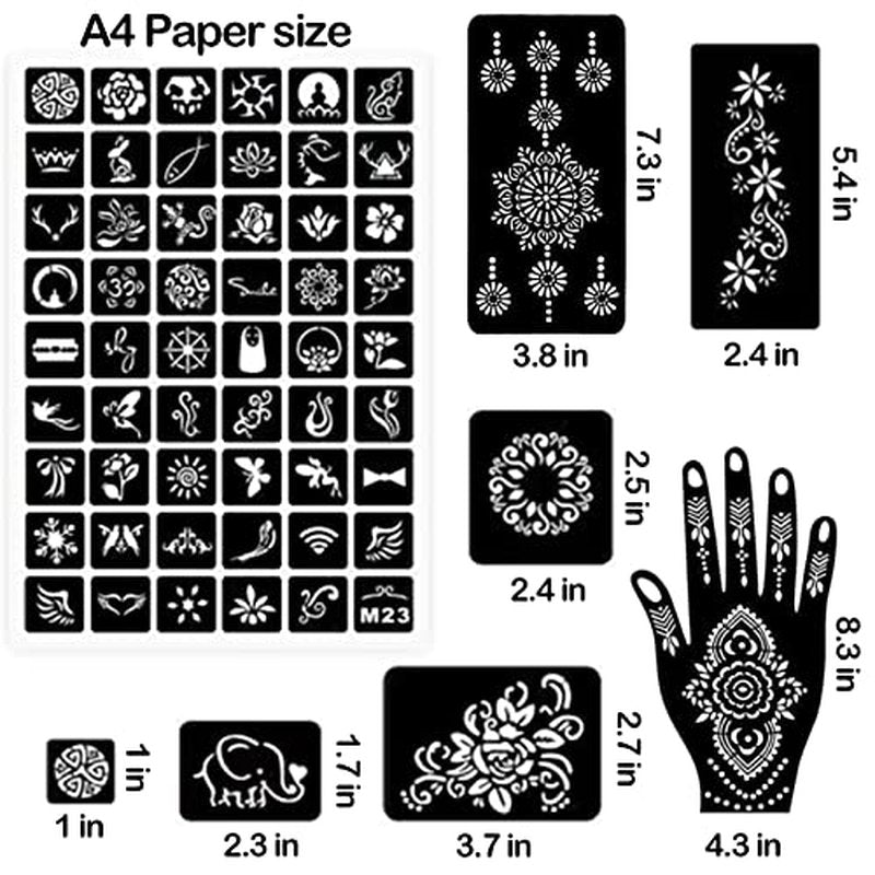 229pcs Henna Tattoo Stencils, 19 Sheets Temporary Tattoo Stencils for Women Face Body Paint DIY Art Glitter Airbrush Tattoo Pack