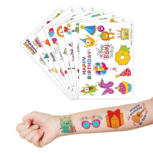 Happy Birthday Temporary Tattoos - 96 PCS Fun Cute Cartoon Themed Stickers for Kids Birthday Party Supplies Decorations Favors and Prizes - Cute Gifts for kids & teens Gifts Teacher Classroom School