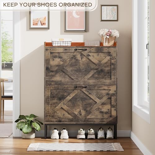Nicetree Chestnut Shoe Cabinet with 2 Flip Drawers - Entryway Organizer