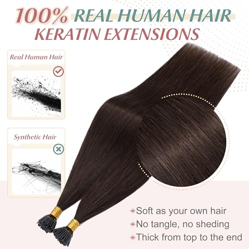 Human Hair I Tip Extensions 16 Inch Dark Brown Keratin Pre Bonded Micro Beads Set