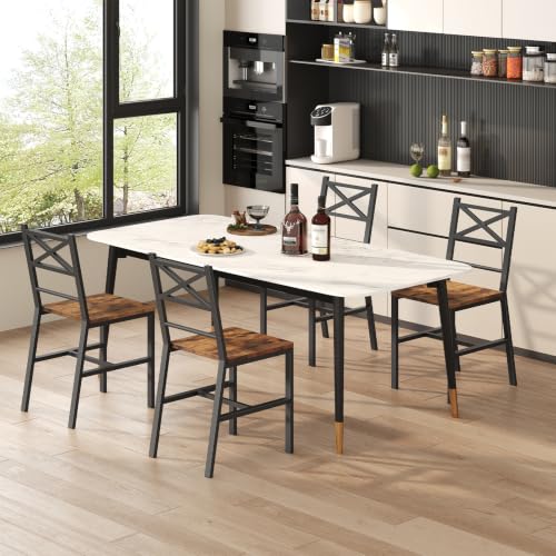 Rustic Brown Dining Chair Set of 2 - Farmhouse Kitchen Chairs with Metal Frame