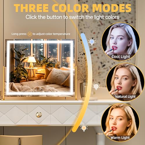 Vanity Mirror with Lights, 24'' x 20'' Lighted Makeup Mirror, Touch Screen with 3-Color Lighting, Dimmable for Vanity Desk Tabletop Square Gold