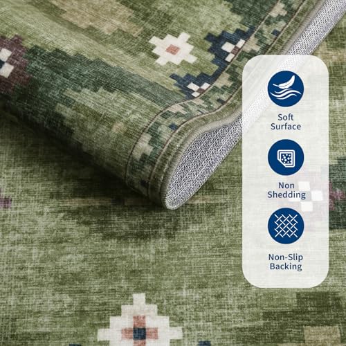 Green 8x10 Washable Area Rug for Living Room & Bedroom Non Slip Geometric