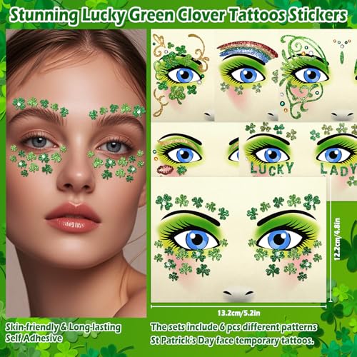 Yosca 6Pcs St Patricks Day Temporary Tattoos, Green Clover Face Stickers for St. Patrick's Day Glitter Makeup, Self Adhesive Shamrock Face Tattoos Art Sticker for Parade Irish Party Rave Accessories