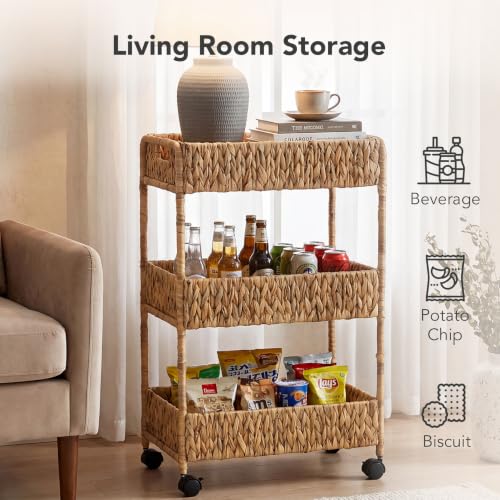 Water Hyacinth 3-Tier Rolling Cart with Wheels - Natural Brown & Black, Nursery & Home Storage