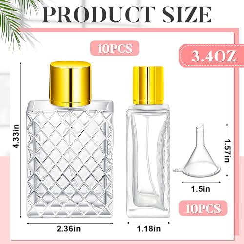 Zhehao 10 Pcs 100ml 3.4 oz Glass Perfume Bottles Refillable Fine Mist Atomizer Spray Bottle with 10 Funnel Filler Empty Portable Perfume Atomizer Clear Essential Oil Container with Sprayer (Gold)