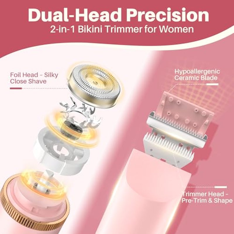 2025 Upgraded Bikini Trimmer for Women, Dual-Head Shaver with LCD Display, Ceramic-Blade Pubic Hair Trimmer, IPX7 Waterproof Wet & Dry Shower Shaver, Travel-Ready Gift Pouch (Light Pink)
