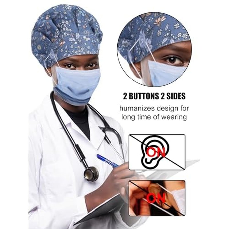 6 Pcs Satin Lined Scrub Caps Women Nurse Surgical Hat with Buttons Ponytail Working Adjustable Pouch Tie Back(Classic Style)