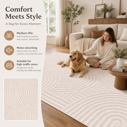 Large Beige Washable Area Rug 6x9 for Living Room High-Low Pile Textured