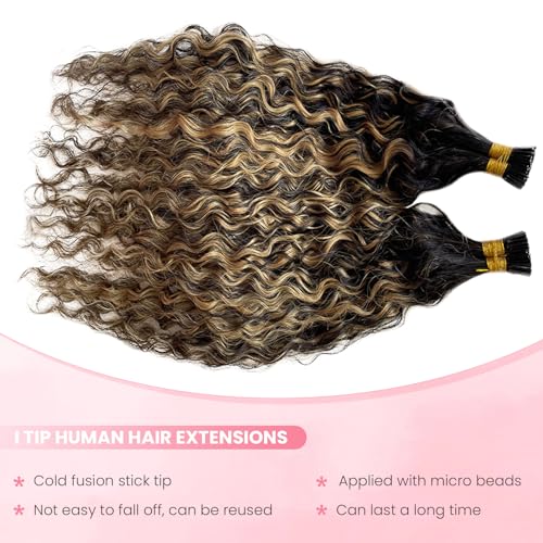 Water Wave I Tip Human Hair Extensions - Balayage Natural Black with Honey Blonde Highlights - 14 Inch, 100 Strands - Variation #1BP27