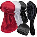 3PCS Silky Durags with Wave Brush Set for Men - Red, Black, Pearl White