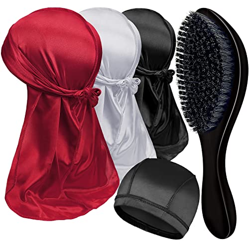 3PCS Silky Durags with Wave Brush Set for Men - Red, Black, Pearl White