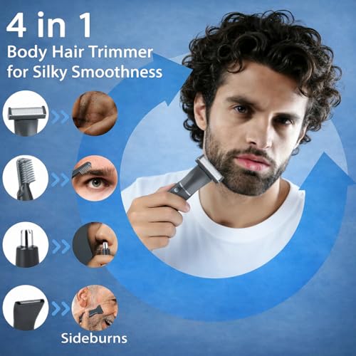 4-in-1 Mens Grooming Kit, 8700RPM Electric Body Hair Trimmer, IPX6 Waterproof Nose Ear Eyebrow Beard Pubic Trimmer for Men, USB-C Fast Charge,with 4 Heads, Travel Portable Groomer