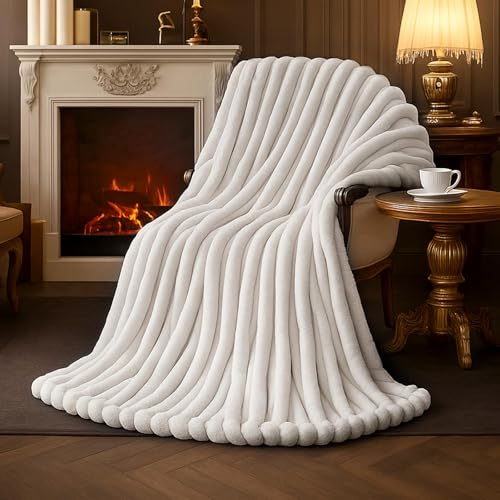 Faux Fur Throw Blanket - Ivory Striped, Oversized 55x70 Inches - Cozy & Soft