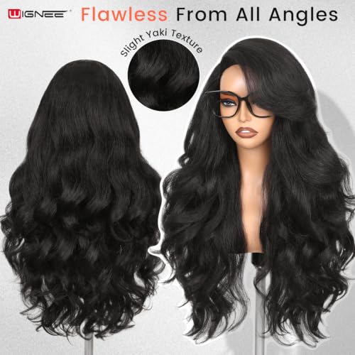 WIGNEE 26 Inch Black Curly V Part Wig with Flip Curls, Natural Yaki Texture