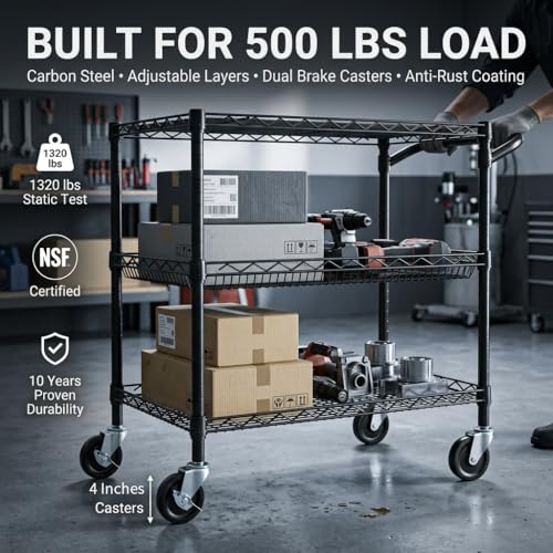 Heavy Duty 3-Tier Utility Cart - 36L x 18W x 35.4H Steel Wire Rolling Cart with Handle, Black