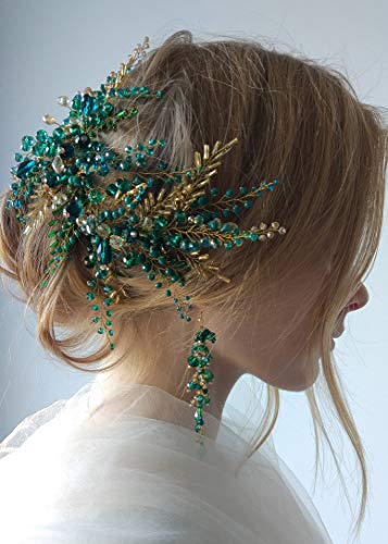 Vintage Wedding Hair Accessory Headpiece with Earrings - Green Beads & Gold Headband