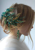 Vintage Wedding Hair Accessory Headpiece with Earrings - Green Beads & Gold Headband
