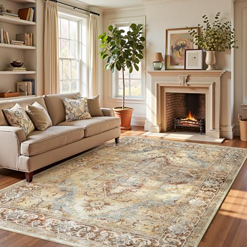 Jinchan 8x10 Vintage Thin Large Area Rug - Warm Taupe, Non-Slip Indoor Floor Covering