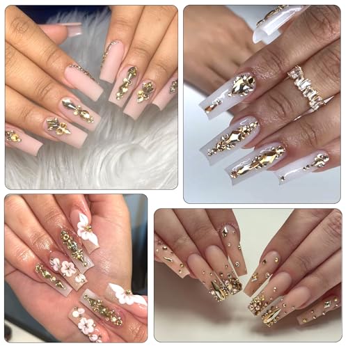HNUIX Champagne Gold Nail Rhinestones Kit - 3D Multi-Shape Gems for Manicure & Nail Art