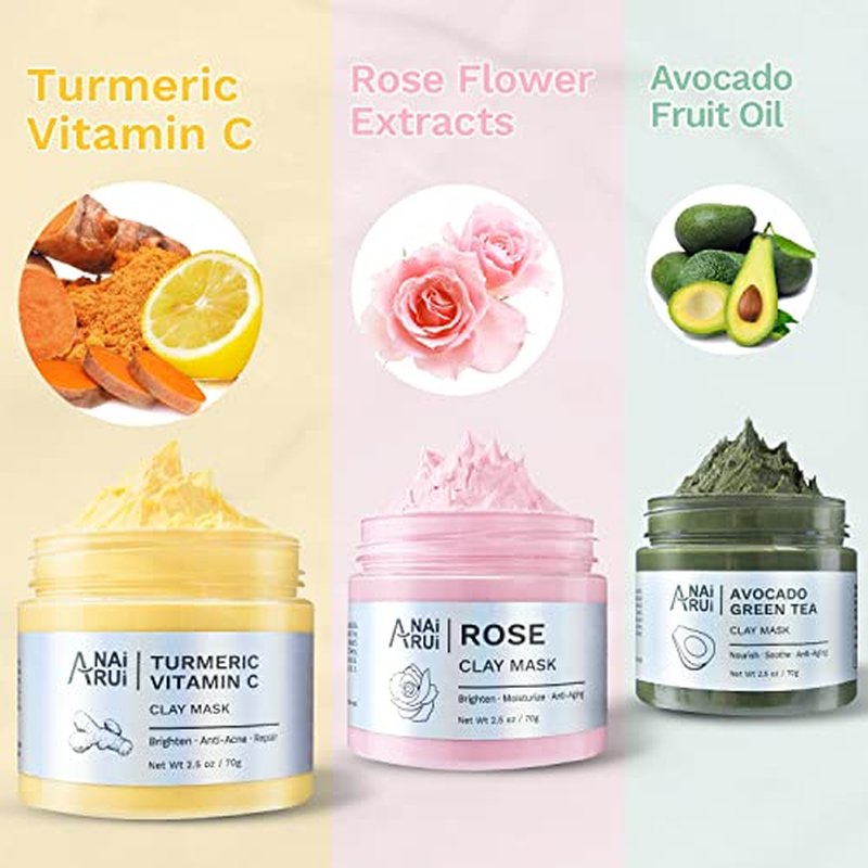 ANAI RUI SPA Mask Set-Turmeric Clay Mask,Green Tea Mask,Rose Clay Mask and Dead Sea Mud Mask for Facial Mask for Deep Cleansing, Moisturizing and Pore Cleansing Total 140g