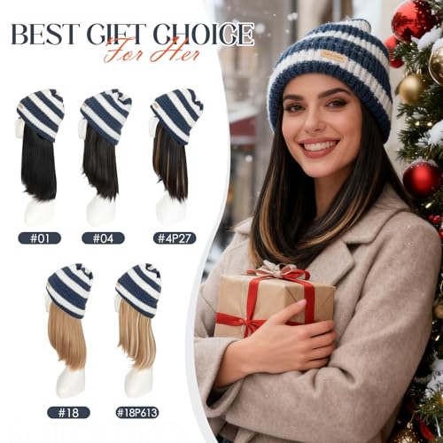 Winter Knit Beanie Wig Hat with Synthetic Hair - Black & White Variation - 11"