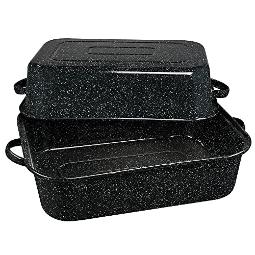 Granite Ware Covered Rectangular Roaster - Enamel on Steel, Speckled Black, 25 lb Capacity