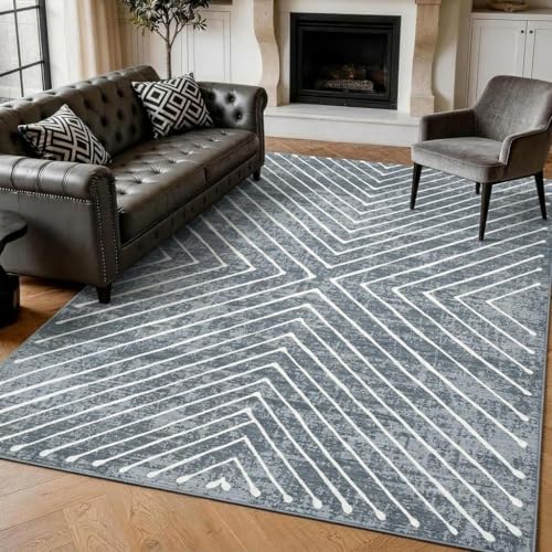 Large 8x10 Geometric Area Rug for Living Room - Non Slip, Washable, Grey
