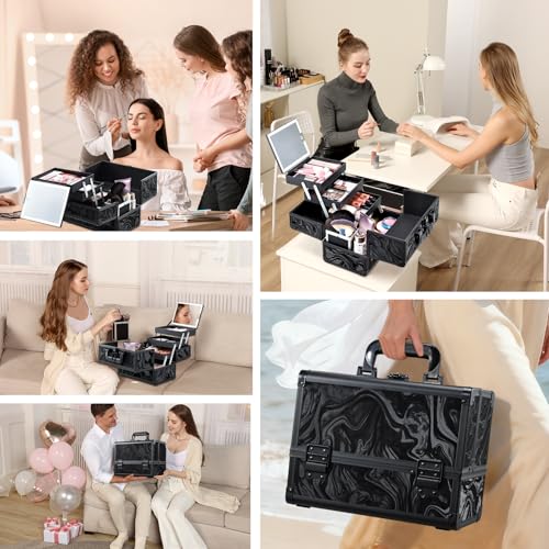 Faquenc Black Travel Makeup Case with LED Lighted Mirror - Portable Organizer