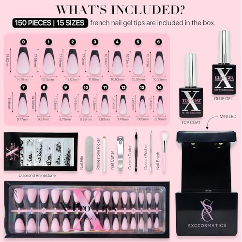SXC Cosmetics French Tip Press On Nails ? Black Series, Medium Coffin, X-Pro Tips Starter Kit | 150PCS, 15 Sizes, 5 Styles, Beginner-Friendly