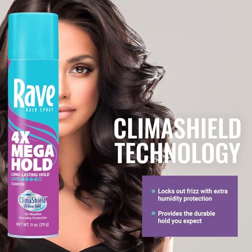 Rave 4X Mega Long-Lasting Firm Hold Scented Hair Spray for Heat Protection, Volume and Shine - ClimaShield for Extra Humidity & Minimizes Frizz - 4 pc