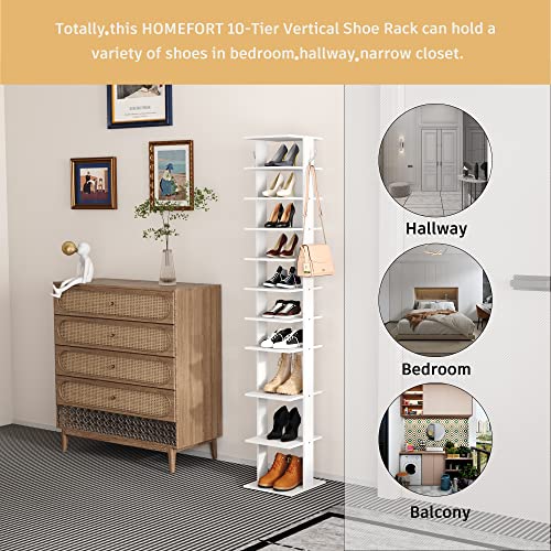 White 11.02 x 11.02 x 62.2 Inch 10-Tier Vertical Shoe Rack with Hooks