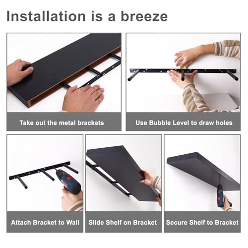 Fixwal Floating Wall Shelves Set of 2 - Black, 47.2 Inch Modern Decorative Shelves