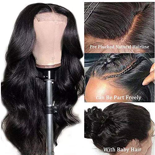 IUPin Natural Black 18 Inch 4x4 Lace Front Human Hair Wig with Baby Hairs, Pre Plucked & Bleached Knots, Glueless Brazilian Body Wave for Black Women