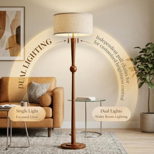 Solid Oak Wood Floor Lamp with Sphere Detail & Wooden Pull Chains - Amber Walnut