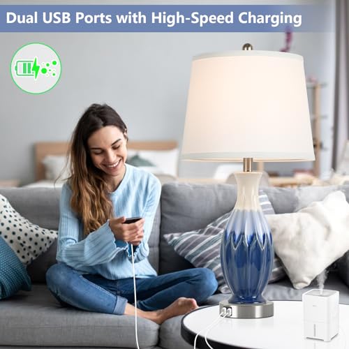Bosceos 28” Table Lamps Set of 2 - Ceramic Navy Blue Bedside Lamps with USB Ports