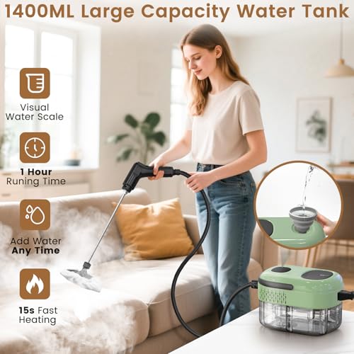 Green 2500W Handheld Steam Cleaner with 16 Accessories for Deep Home Cleaning