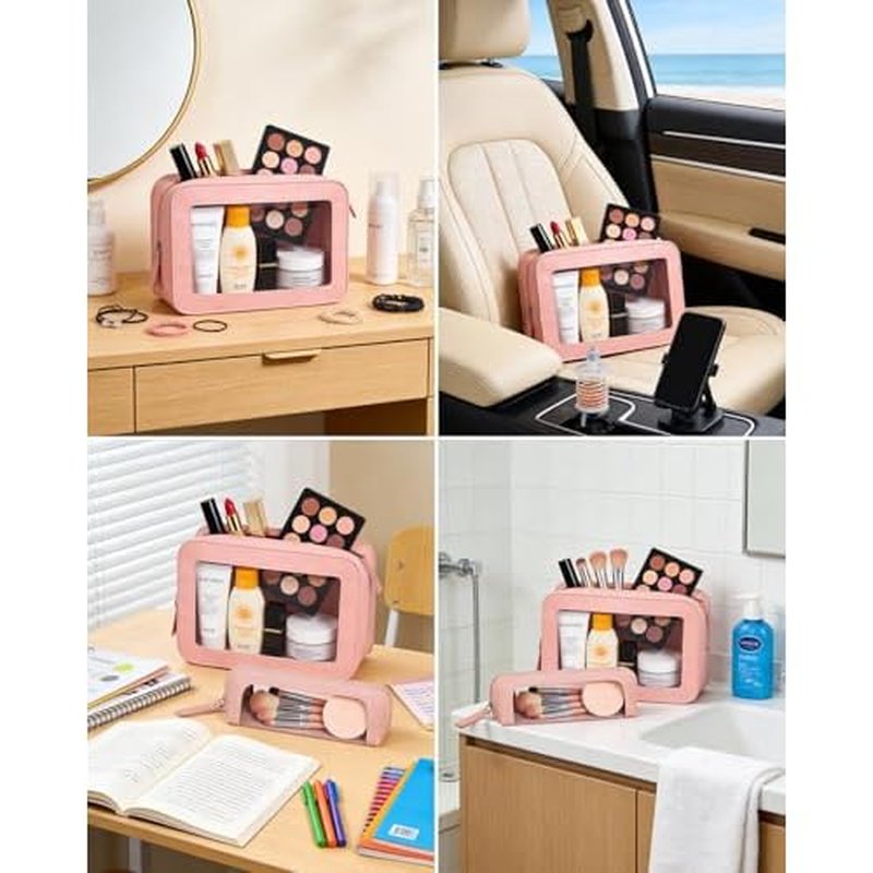 LETGO 2Pack Clear Makeup Bags Set, Small Clear Makeup Bag, PU Leather Travel Makeup Brush Case Portable Transparent Waterproof Cosmetic Organizer Pouch with Zipper for Women(2Pack-White Set)
