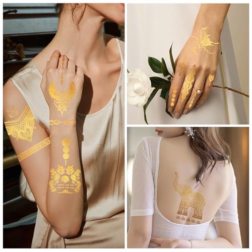 Konsait 9 Sheets Gold Temporary Tattoos, Flash Moon Butterfly Elephant Metallic Tattoos, Metallic Temporary Tattoos for Women Girls, Gold Face Tattoos for Parties Makeup Cosplay Festival Accessories