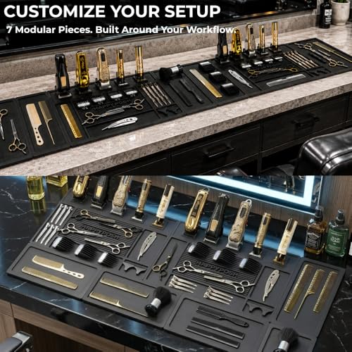 HAPPYPOSH Magnetic Barber Mats – Modular 7-Piece Tool Organizer with Strong Magnets, Extra Large, Professional Workstation Mat