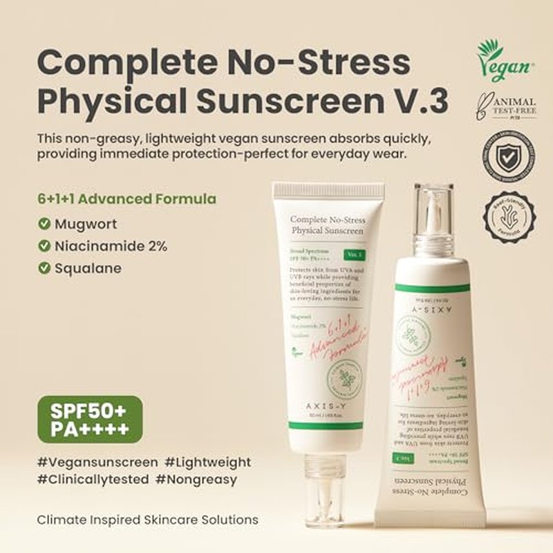 AXIS-Y Complete No-Stress Physical Sunscreen V3 - SPF 50 Mineral Face Sunscreen Moisturizer with 2% Niacinamide, Zinc Oxide for Broad Spectrum Sun Care - Vegan Korean Skin Care -1.69 fl. oz.