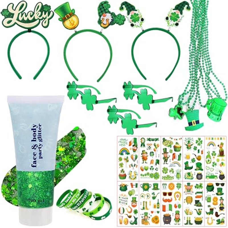 117 Pcs St. Patrick's Day Accessories Kit , Custom Shamrock Green Glitter Gel, Necklaces, Headbands, Shamrock Eyeglasses, Bracelets ,Tattoo Stickers, Irish Party Favors Festival Decorations