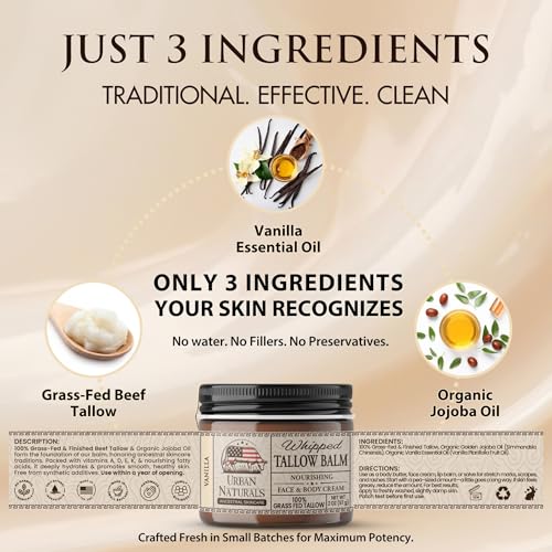 Urban Naturals Handmade Whipped Tallow Balm (Vanilla) - 100% Grass-fed Organic Body Butter with Infused Jojoba Oil, for Eczema, Rosacea, Baby - 2 oz