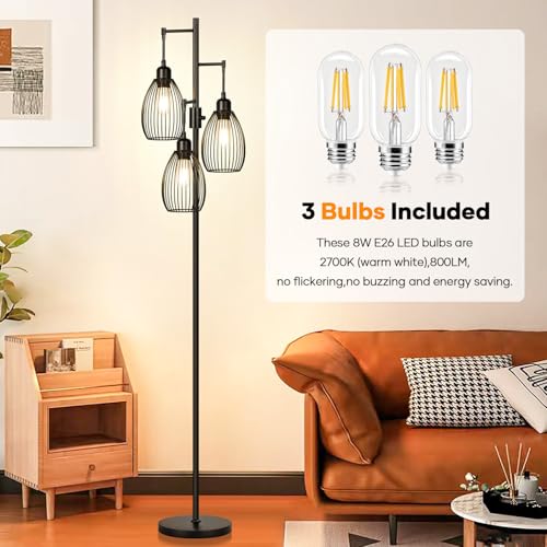 Dimmable Farmhouse Industrial Floor Lamp with Matte Black Finish and 3 LED Bulbs